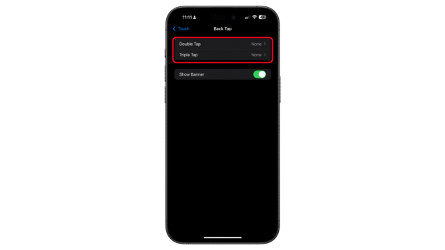 Select Double Tap or Triple Tap to customize the shortcut. iPhone settings screen showing Back Tap options for Double Tap and Triple Tap.