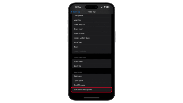 You can assign Music Recognition and then tap Done to save changes. iPhone screen showing Back Tap settings with u0027Start Music Recognitionu0027 highlighted.