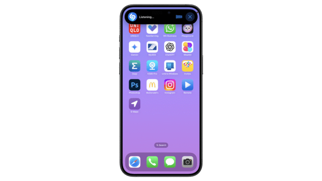 Triple tap on the back of you iPhone to launch Music Recognition. iPhone screen displaying various app icons on a purple background.