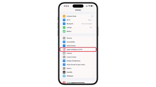 Open the Settings and navigate to Apple Intelligence and Siri. iPhone Settings menu showing options including u0027Apple Intelligence u0026 Siriu0027 highlighted.