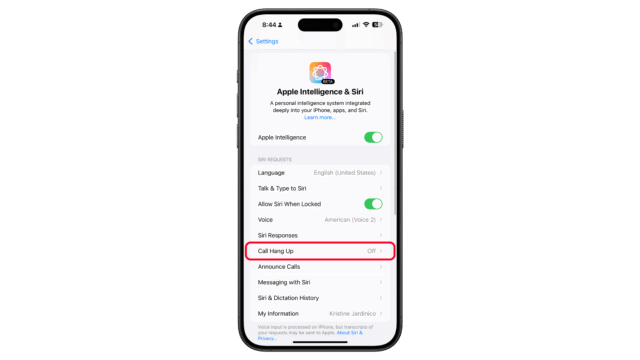 Tap on Call Hang Up. Settings menu on an iPhone displaying Siri options, highlighting u0027Call Hang Upu0027 as u0027Offu0027.