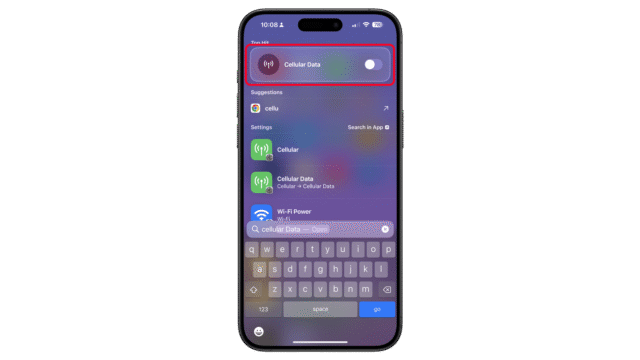 You can also search for cellular data from the search and toggle it on or off directly. iPhone screen showing Cellular Data toggle and search options.
