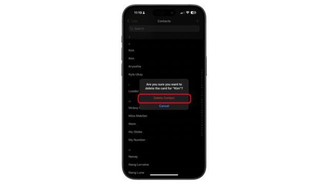 Confirm the deletion. iPhone screen displaying contacts with a delete contact confirmation pop-up.