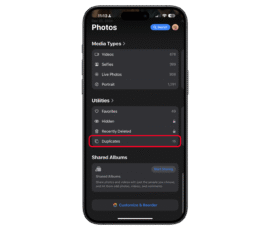 Go to the Photos app, scroll down and then select Duplicates. iPhone screen displaying the Photos app with u0027Duplicatesu0027 section highlighted.