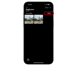 Select the duplicated photos and tap on the Merge button. iPhone screen showing u0027Duplicatesu0027 with two photos and u0027Mergeu0027 option.