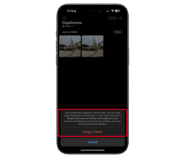 Tap Merge to confirm. iPhone screen showing duplicate photo selection with merge option and warning text.