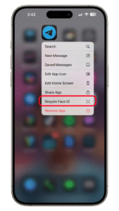 Choose Require Face ID. iPhone screen displaying Telegram app options, including u0027Require Face IDu0027 highlighted.