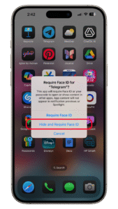 Tap Hide and Require Face ID. iPhone screen displaying Face ID prompt for Telegram app with options to require Face ID or cancel.