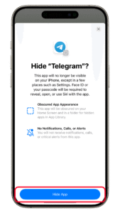 Tap Hide to continue. iPhone screen showing options to hide the Telegram app with a blue u0027Hide Appu0027 button.