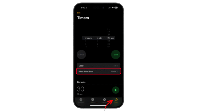 Go the Timer tab. iPhone timer app displaying timer settings with options for hours, minutes, and seconds.