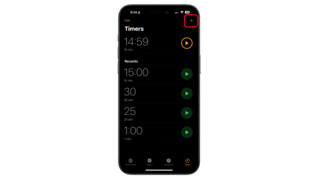 From the active timers tab, press the + button to add another timer. iPhone screen showing the Timers app with multiple timer options listed.