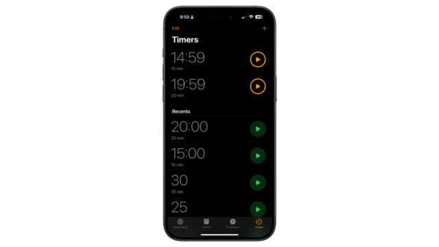 You can add and edit more timers from this section. iPhone screen displaying the Timers app with various timer settings and options.