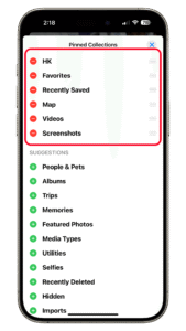 Select which album to add. You can then arrange the album selected to appear first in the Pinned collections. iOS 18 interface showing pinned collections: HK, Favorites, Recently Saved, Map, Videos, Screenshots.