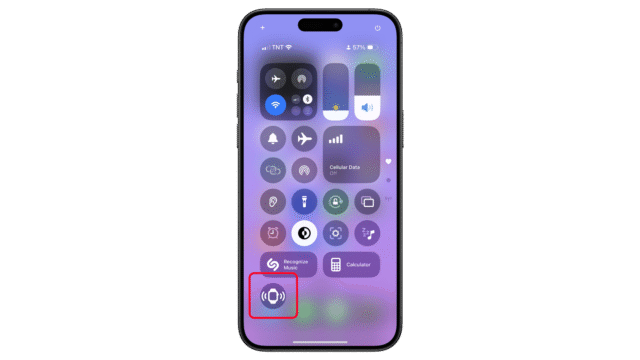 On the control center, tap on the Ping My Watch button to start pinging. iPhone screen displaying the Control Center with the music recognition icon highlighted.