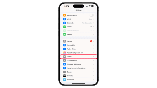 Open the camera settings. iPhone settings menu displaying various options with u0027Camerau0027 highlighted.