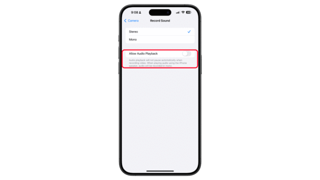 Enable Allow audio playback toggle. iPhone screen displaying recording settings with u0027Allow Audio Playbacku0027 option highlighted.