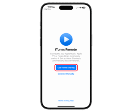 Download the iTunes Remote app and continue the setup on the app. iPhone displaying iTunes Remote screen with u0027Use Home Sharingu0027 button highlighted.