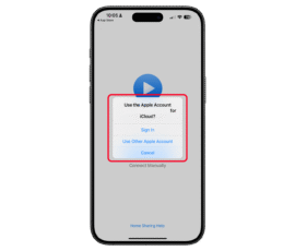 Confirm by giving the app location permission or access and then select the Apple ID to be utilized. iPhone screen displaying a pop-up asking to use an Apple account for iCloud with options to sign in or cancel.