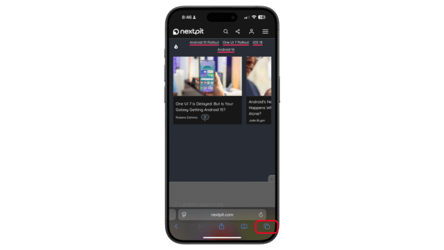 Tap on the tabs on the bottom corner. A smartphone displaying the nextpit website with articles on Android and iOS updates.