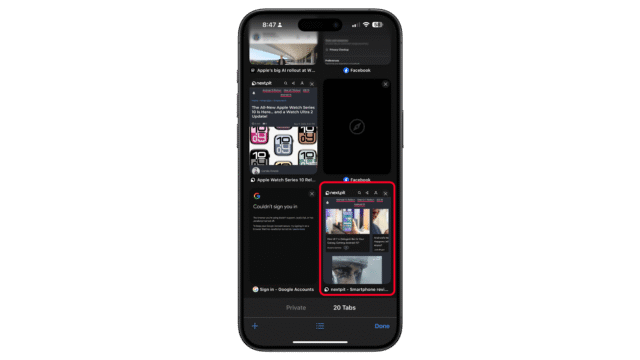 Long press on the tab you want to pin and then tap Pin tab. iPhone displaying multiple browser tabs, including news articles and a login screen.