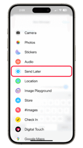 Tap the Send Later button to start scheduling. A phone screen displaying messaging options with u0027Send Lateru0027 highlighted.