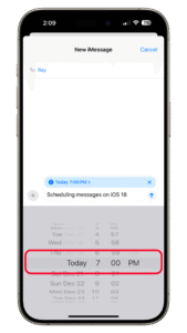 Pick a date and time and then tap the send button. iMessage screen on iOS 18 showing a scheduled message for Today at 7:00 PM.