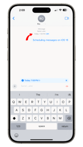 Scheduled messages are labeled with the date and time. iPhone screen showing iMessage with u0027Scheduling messages on iOS 18u0027 and a send later option.
