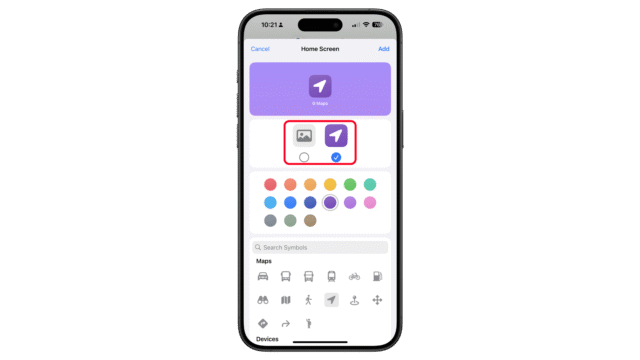 You can customize the app icon style using glyphs or custom image. iPhone screen displaying app customization options, including color selection and symbol search.