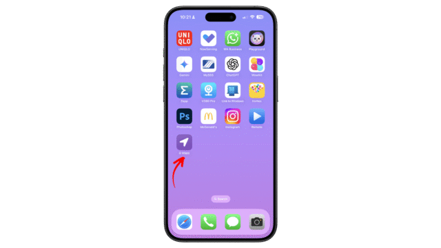 You can edit the app icon and name in the Shortcuts app. An iPhone displaying various app icons on a purple background, with a focus on the Maps app.