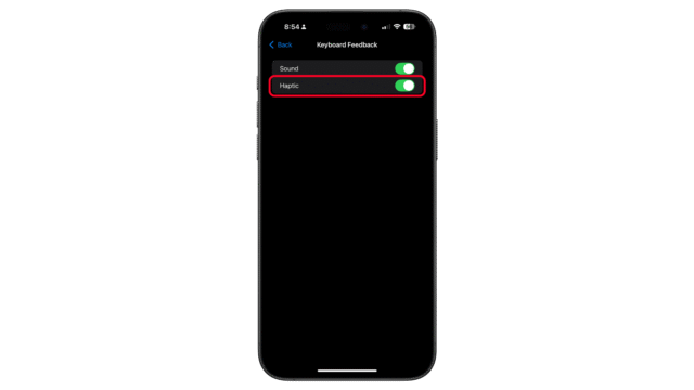 Enable the Haptic toggle. An iPhone screen displaying keyboard feedback settings with options for Sound and Haptic highlighted.