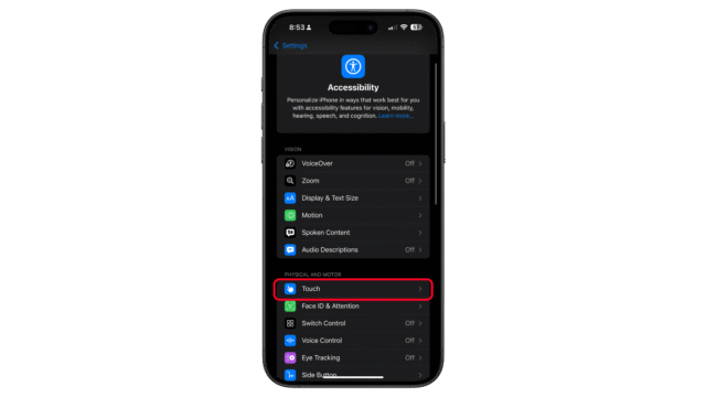 Select the Touch option. iPhone settings menu showing Accessibility options with Touch highlighted.