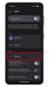 Tap on Add guest to start setting up a guest account. Settings menu on an Android device showing user options including u0027Add guestu0027.