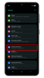 Tap on the Security and privacy option. Android settings menu showing options for display, battery, security, and privacy.
