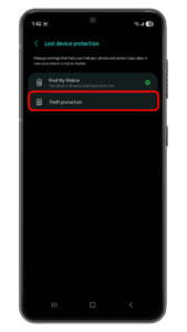 Enable theft protection toggles. Android phone screen showing Lost device protection settings with options for Find My Mobile and Theft protection.