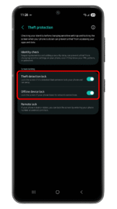 Enable theft detection lock and offline device lock to start using. Android settings screen showing theft protection options: theft detection lock and offline device lock.