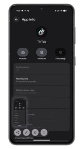 You can download again the archived app with your data like profile and settings restored. Android app info screen for TikTok with options to uninstall, force stop, and view permissions.