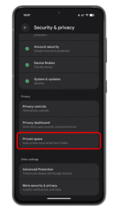 Tap on the Security and privacy option. Settings screen on an Android device showing u0027Security u0026 privacyu0027 options.