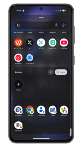 You can access the hidden apps in private space from the app menu. Smartphone screen displaying various app icons and a Google search bar.