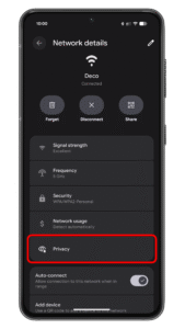 Tap on the privacy button. Android device screen displaying network details, including signal strength, frequency, and privacy settings.