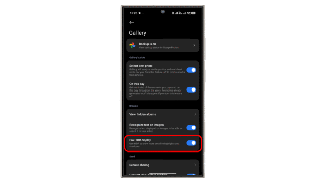 Go to the Gallery settings and enabled Pro HDR display. Xiaomi HyperOS 3.0 Pro HDR feature