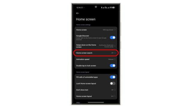 In the home screen settings, tap Home screen search. Xiaomi HyperOS 3 home screen search feature