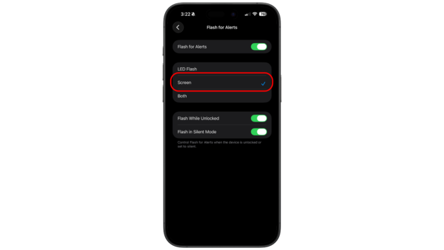 Select Screen Flash Alert or Both. iOS iPhone tricks tips Flash Alert Screen and LED