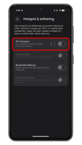 Toggle on hotspot. Android settings screen for hotspot and tethering options.