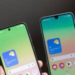 The Samsung Galaxy A56 has a punch-hole notch in the form of a recess in the display for the selfie camera. Two Samsung Galaxy smartphones side by side, displaying weather widgets and app icons.