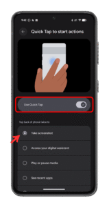 Enable Quick tap or Double tap. Settings menu showing Quick Tap options for Android with a hand gesture and action selections.