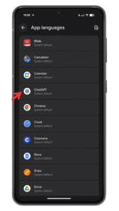 Select the app you want to change the default language. A smartphone screen displaying app language settings with a focus on ChatGPT.
