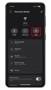 Tap on the QR icon. Android phone screen displaying network details with options to forget, disconnect, and share.