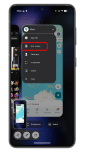 Tap on the Split screen button to initiate split screen. Android device displaying Maps app with a menu showing u0027Split screenu0027 option highlighted.