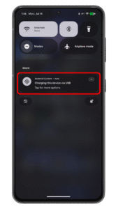 Tap on the notification sheet to open the menu. Android notification: Charging this device via USB. Tap for more options.