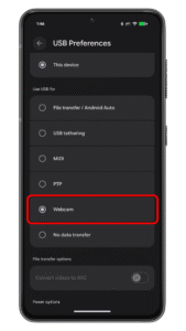 Select Webcam. USB Preferences screen showing options for device connection, including u0027Webcamu0027 selected.